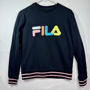 FILA Sweatshirt Pullover Crewneck Colorful Logo Black Comfy Women's Sz Small Y2K